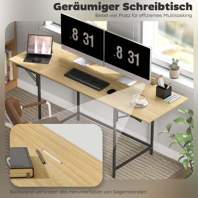 HOMCOM Inklapbare computertafel met 2 uitklapbladen, veel ruimte voor monitoren, metalen poten, stevige constructie, eikenlook + zwart(m-5)