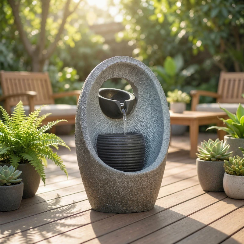 Outsunny Water Feature with 2-Tier Bowls, Garden Water Fountain with Pump and LED Lights, Resin Cascading Waterfall