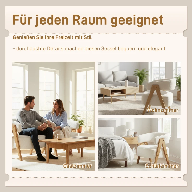 HOMCOM Moderne gestoffeerde fauteuil, fleece-bekleding, accentstoel, armstoel met houten poten, metalen frame, wit(m-6)