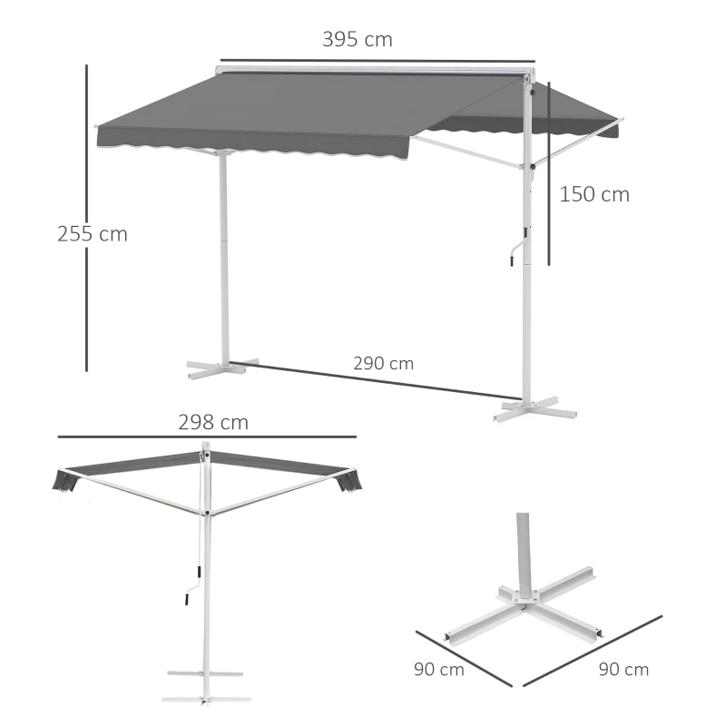 Outsunny Staande luifel met knikarm tuinluifel luifel zwengel grijs 3,95 x 2,94 m