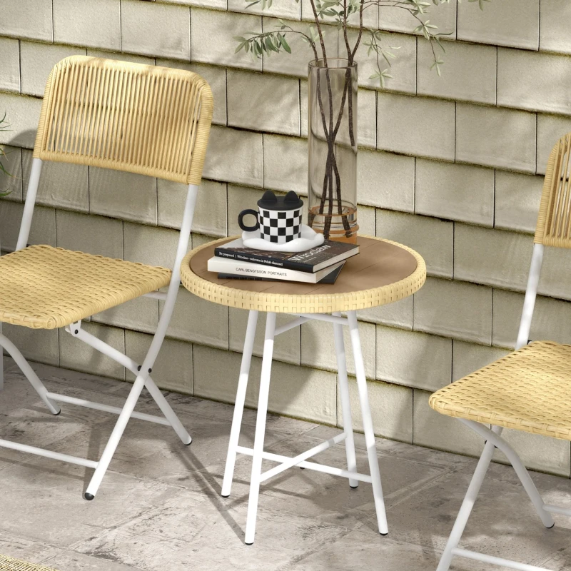 Outsunny Mesa Auxiliar de Vime Sintético com Bancada de Madeira Plástica e Estrutura de Aço Galvanizado 50x50x55 cm Madeira e Bege