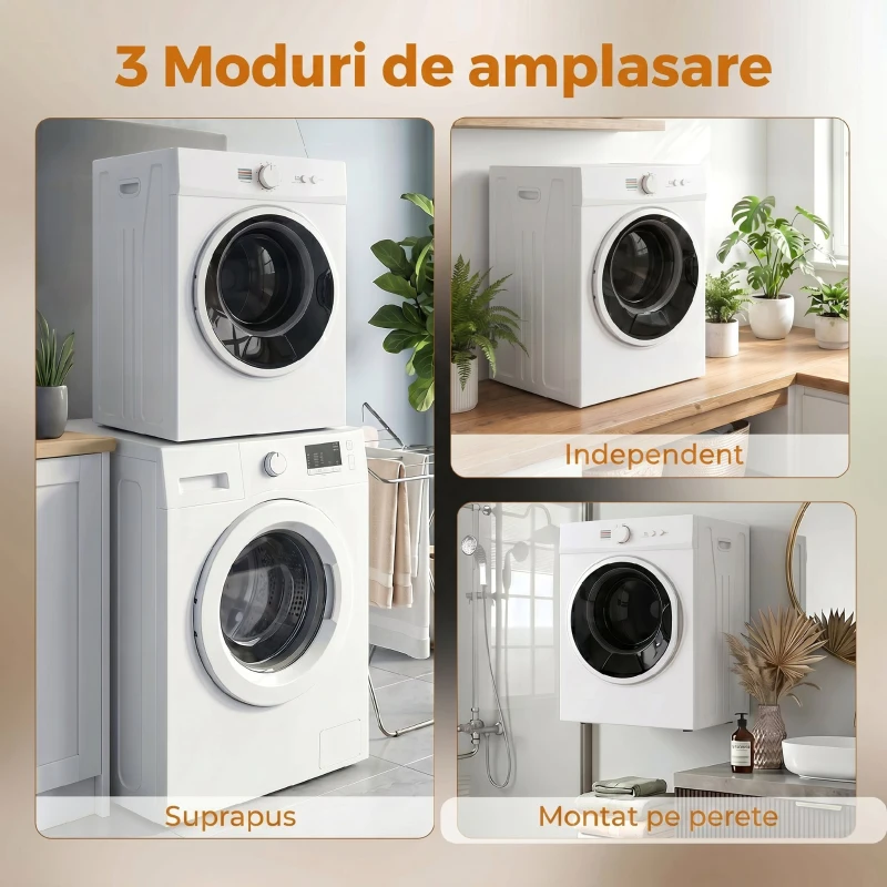 HOMCOM Mini Uscător de Rufe Portabil 3 kg, 1020W, Încălzire PTC, Timer, Alb