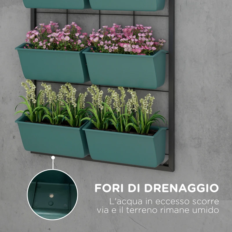 Outsunny Orto Verticale da Parete a 3 Livelli con 6 Vasi, in Acciaio e Plastica, 52x14x66 cm, Verde
