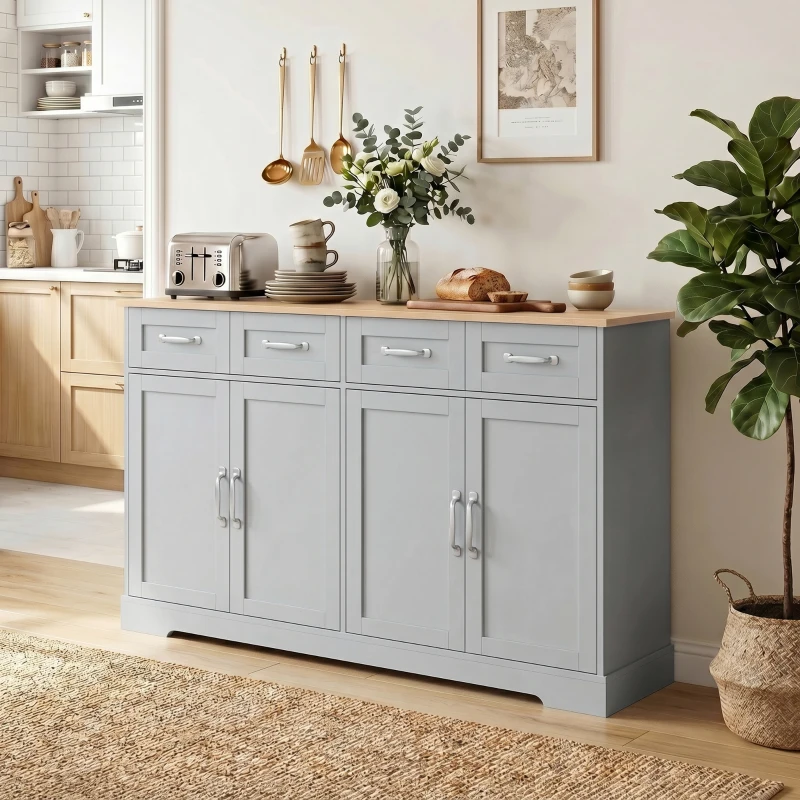 HOMCOM Sideboard Buffet Cabinet, 140 cm Kitchen Storage Cabinet with 4 Drawers, 4 Doors and 2 Adjustable Shelves, Grey