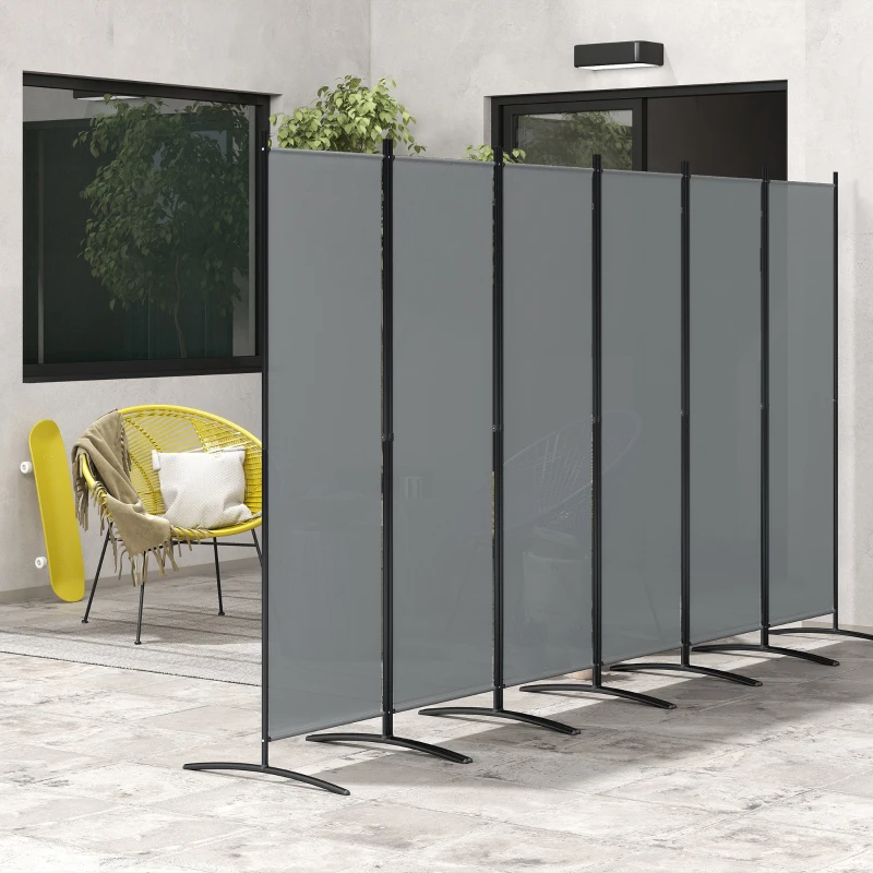 Outsunny 6 Panel Folding Room Divider, 1.7m Privacy Screen with Wide Feet, Portable Freestanding Metal Partition Separator for Office, Living Room, Bedroom, Dining Room, Dark Grey