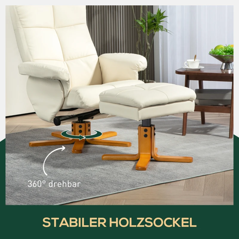 HOMCOM Relaxfauteuil met Hocker, 145° Kantelbare Rugleuning, 360° Draaibaar, Kunstleer, Crèmewit
