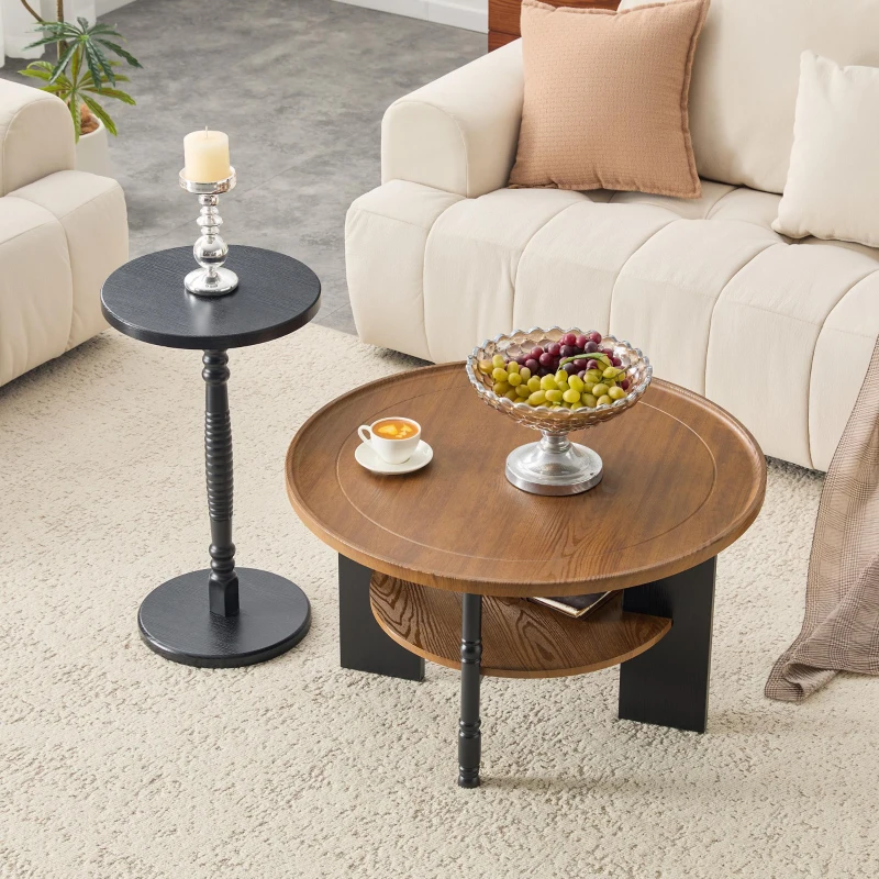 Set de 2 tables basses rondes, rayures et à l'humidité, bords arrondis, 80x80x47 cm, Noyer+Noir