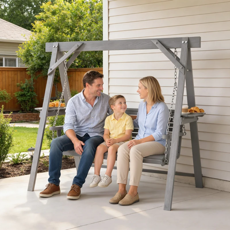 Outsunny Three-Seater Wooden Swing Bench, Dark Grey