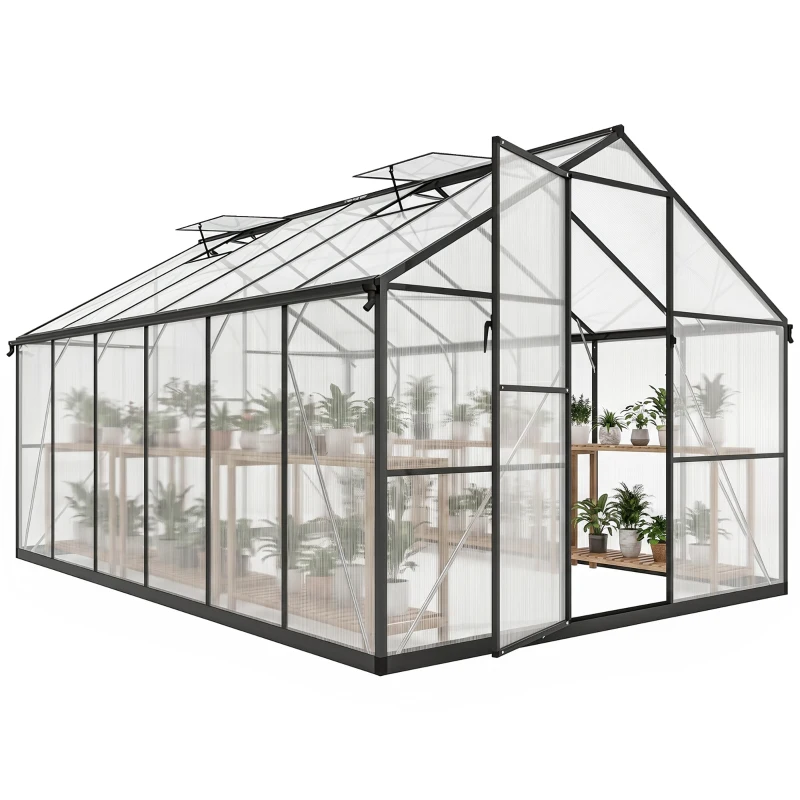 Outsunny Serre de jardin en aluminium polycarbonate, serre avec fenêtres supérieures réglables 363x247x205cm noir