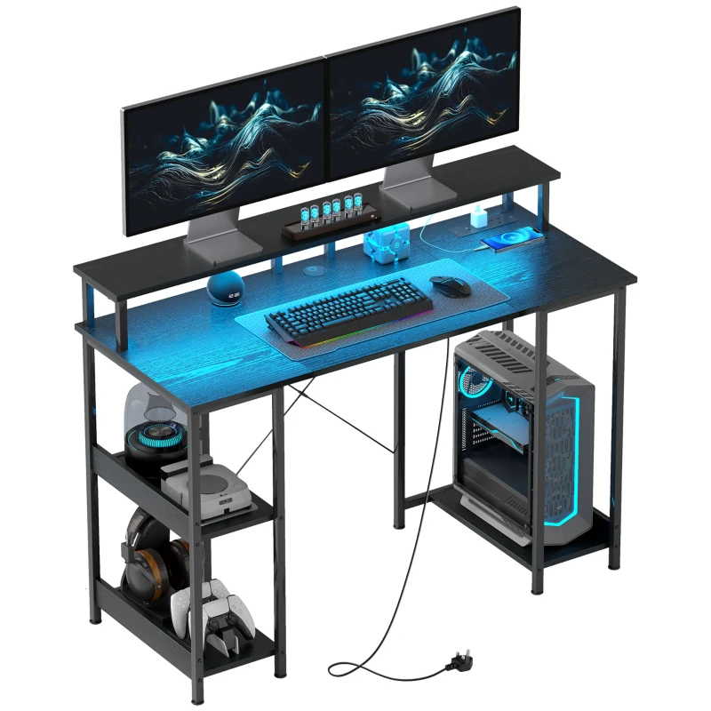 HOMCOM LED Computer Desk, with Power Outlets and Shelves - Black