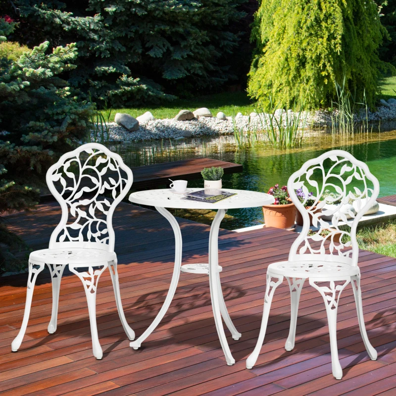 Outsunny Set da Giardino 3 Pezzi in Alluminio Bianco, 2 Sedie da Esterno 45x42x85.5 cm e Tavolino Rotondo Ø61x66.5 cm