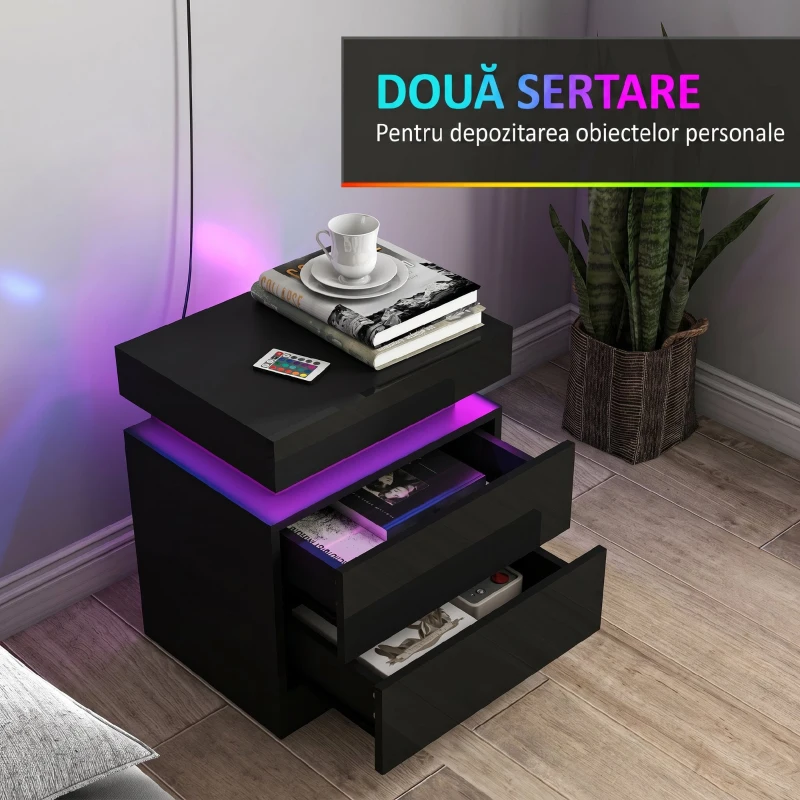 HOMCOM Set 2 Noptiere cu LED și 4 Moduri, 2 Sertare, Lemn, 45x35x52 cm, Negru Lucios