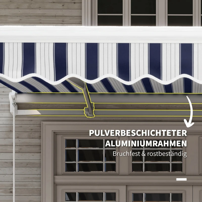 Outsunny handmatige knikarmluifel 395 cm luifel met handslinger balkonluifel zonwering wandmontage balkon aluminium wit + blauw 395 x 245 cm | Aosom