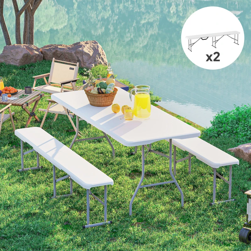 Outsunny Banc de jardin Lot de 2 bancs pliants avec poignée de Transport en Métal et HDPE 182 x 28 x 42 cm Blanc