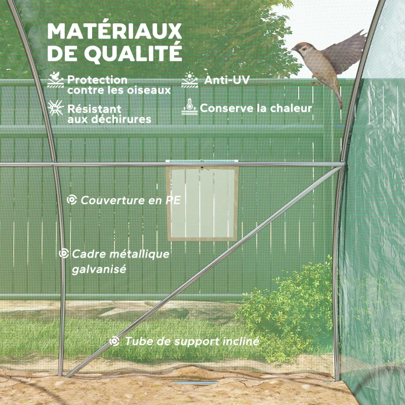 Outsunny Serre de jardin tunnel 9 m² 4 fenêtres, porte zippée enroulable châssis acier galvanisé, bâche PE 3 x 3 x 2 m vert