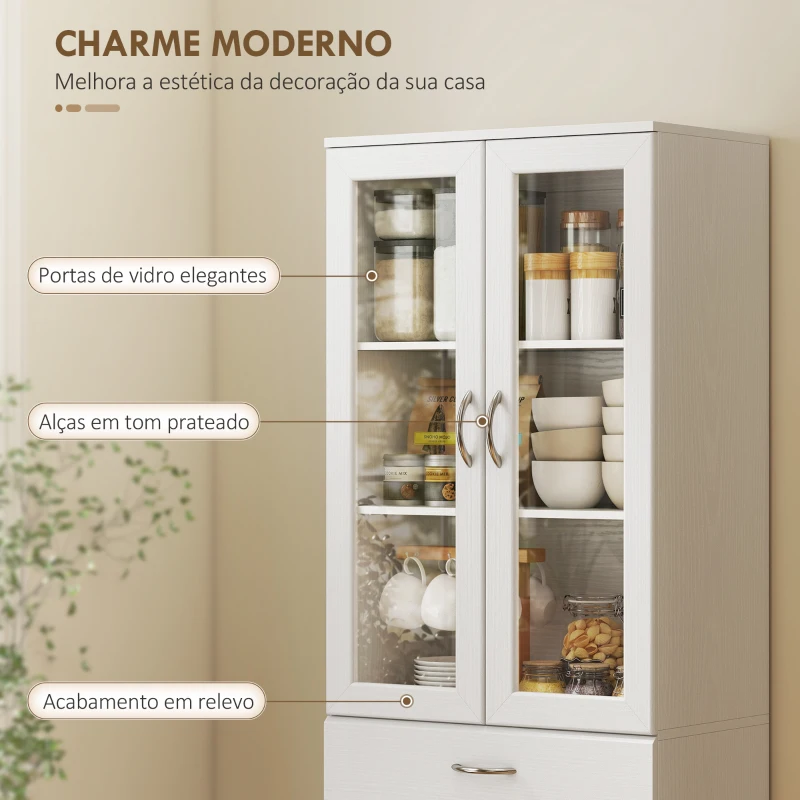HOMCOM Armário de Cozinha com Portas de Vidro Gaveta Prateleiras Ajustáveis para Sala de Jantar Sala 60x35x180 cm Branco