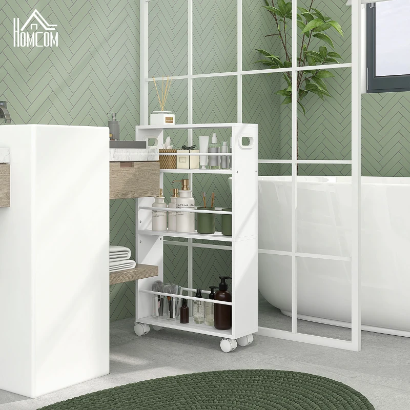 HOMCOM Carrello da Cucina e Bagno Salvaspazio a 3 Livelli con Barre Laterali e Ruote con Freni, Bianco