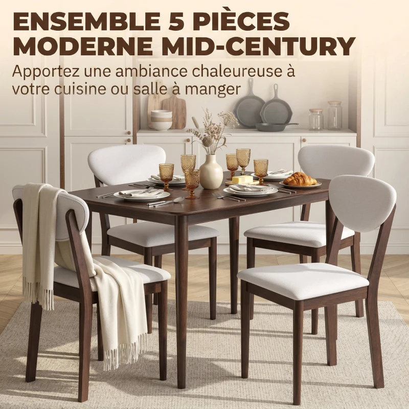 HOMCOM Ensemble table salle à manger avec 4 chaises table de cuisine avec chaises 4 personnes assise rembourrée noyer crème
