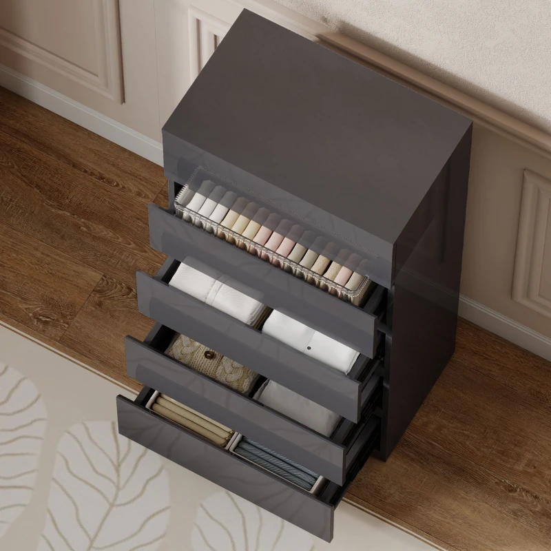 HOMCOM Commode 5 tiroirs, meuble de rangement à haute brillance, fermeture douce et silencieuse, 53 x 34 x 100 cm, gris