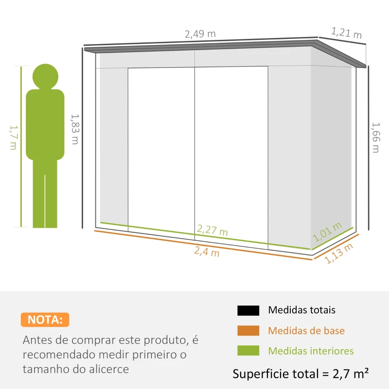 Outsunny Abrigo de Jardim 2,7m² 249x121x183 cm Abrigo de Exterior com Porta Dupla 2 Ventilaç4oes e Trava Abrigo para Pátio Verde