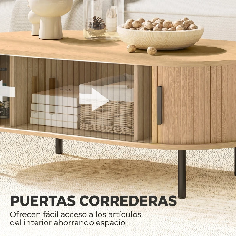 HOMCOM Mesa de Centro con Puertas de Tambor Deslizantes Mesa de Café Ovalada con Almacenamiento Oculto 100x55x40 cm Natural
