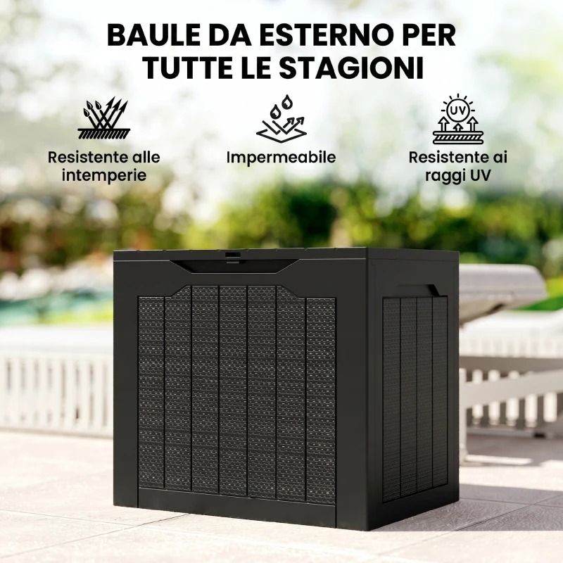 Outsunny Baule da Giardino con Maniglie, Contenitore Porta Attrezzi Impermeabile, 56x41x50 cm, Nero