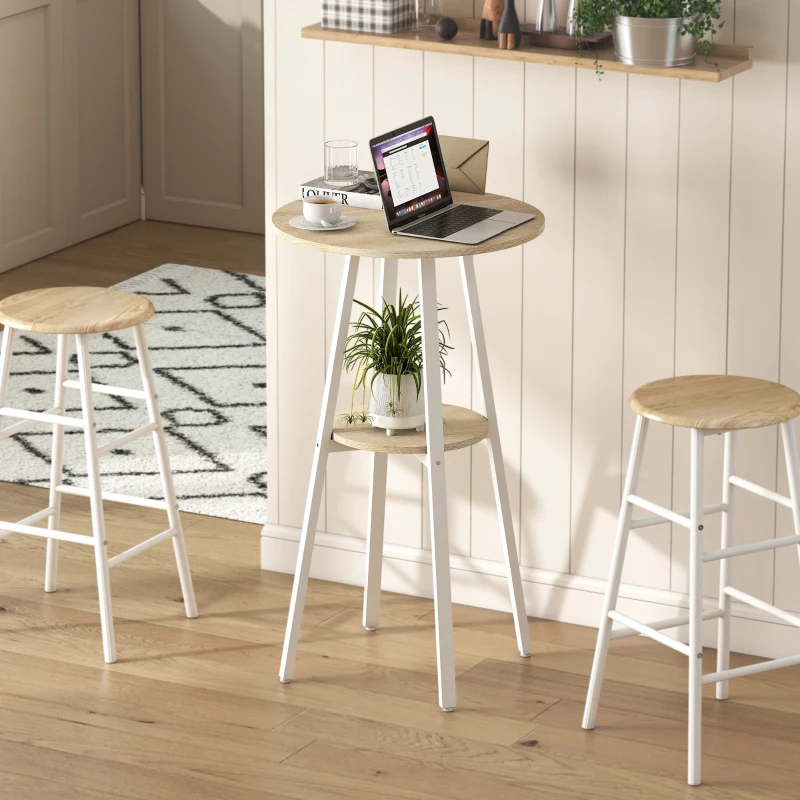 HOMCOM Mesa Alta de Cozinha Redonda com Prateleira de Armazenamento  para 2 Pessoas com Estrutura de Metal 55x55x95 cm Madeira e Branco