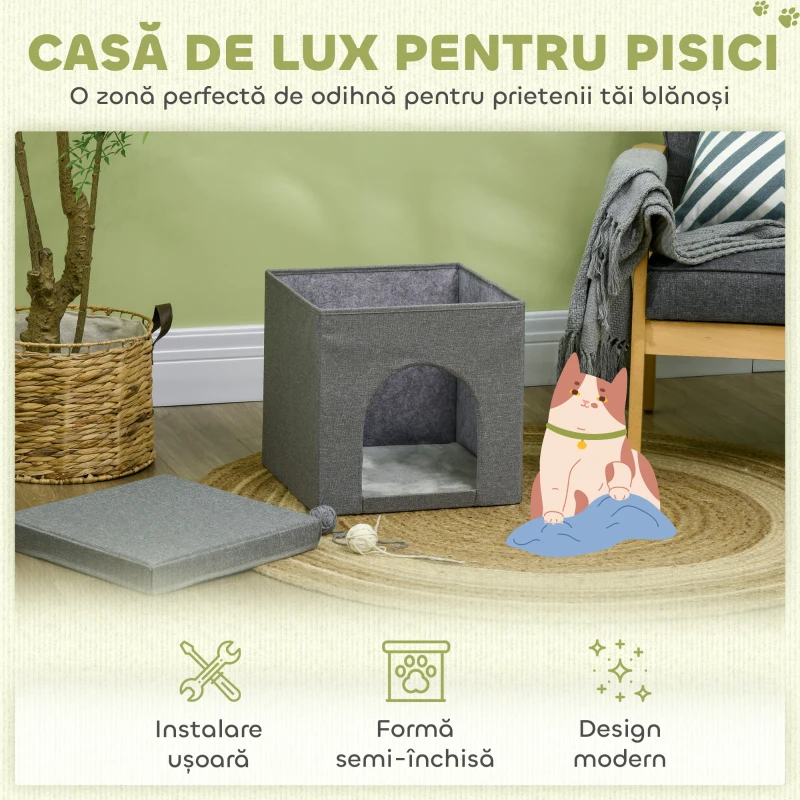 PawHut Căsuță pliabilă pentru pisici, în formă de cub, cu pernă și covoraș zgârie-nor, 36.5x36.5x36.5 cm, gri