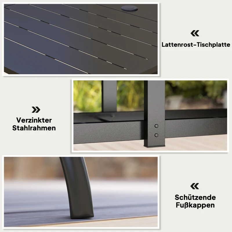 Outsunny Tuintafel Staal 150x90 cm Weerbestendige Balkontafel met Parasolgat, Lamellendesign voor 6 Personen Zwart