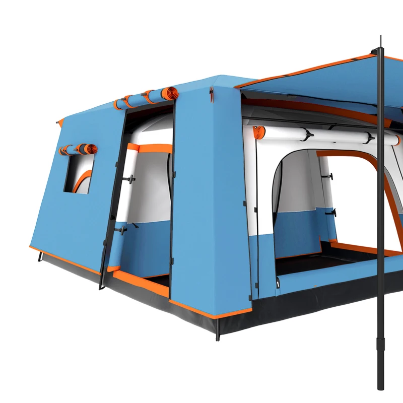 Outsunny Tente de camping familiale 4 personnes, tente tunnel , portes + fenêtres, 4,3 x 3 x 1,95 m, bleu