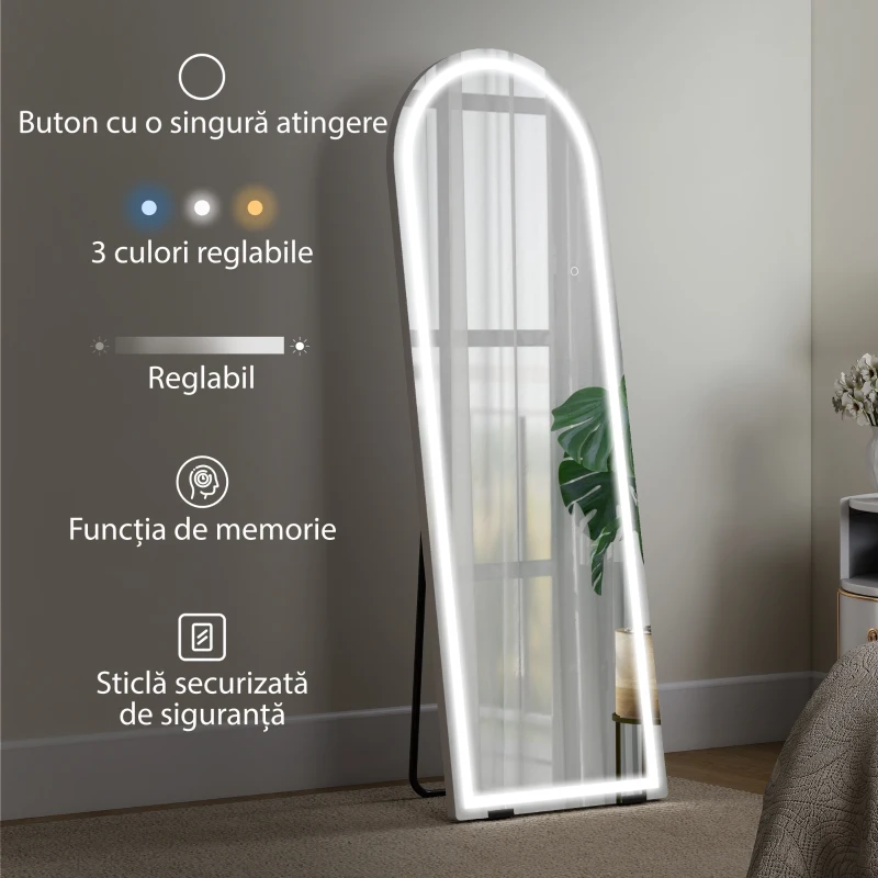 HOMCOM Oglindă de podea arcuită cu lumini, 150x50 cm, de perete și autoportantă, reglabilă, cu funcție de memorie, transparentă