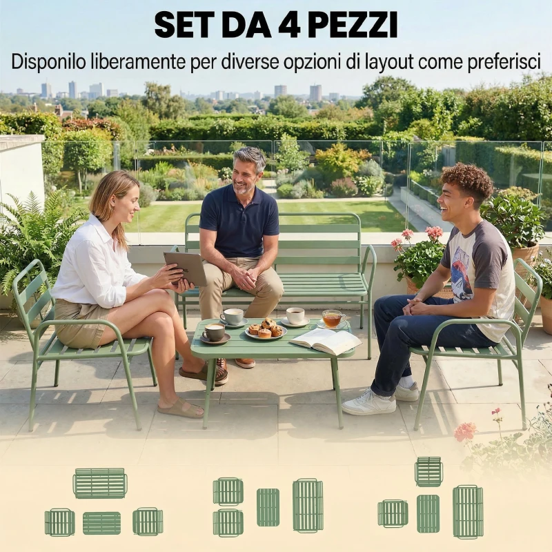 Outsunny Set Giardino 4 Pezzi, Divano Esterno Metallo con Doghe, Verde