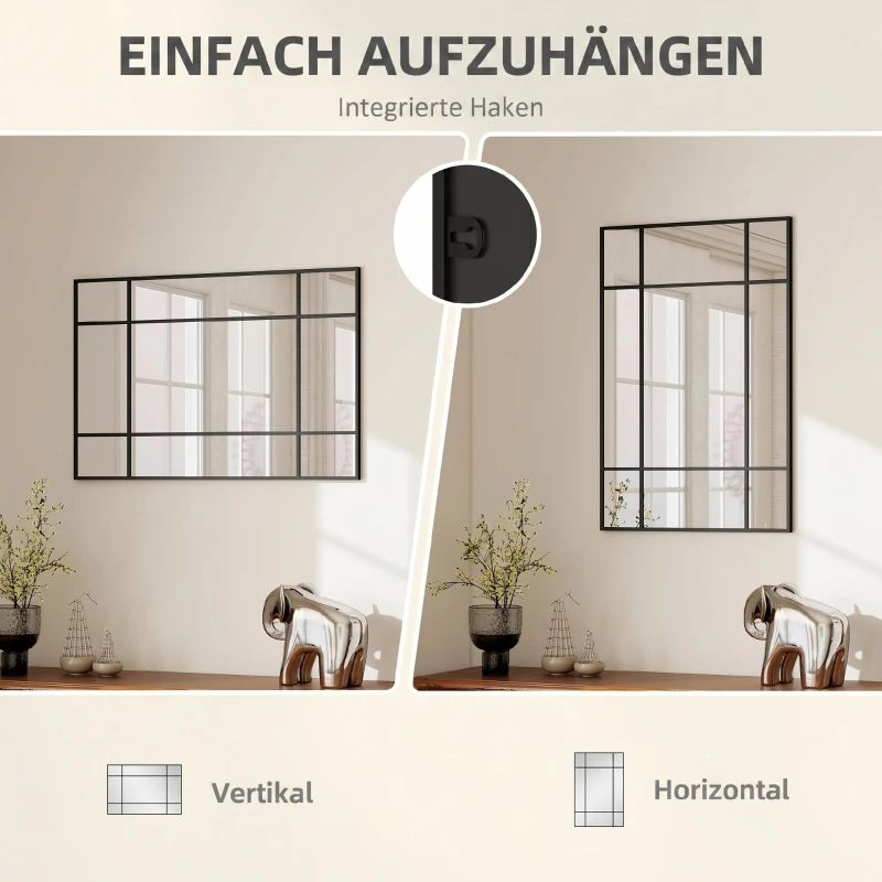 HOMCOM Wandspiegel – Decoratieve spiegel met metalen frame, zwarte lijnen, meerlaags glas, 90B x 2D x 60H cm