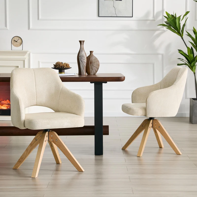 Lot de 2 chaises pivotantes style rétro luxe léger, revêtement en tissu structuré, 45x48x85 cm, Couleur naturelle