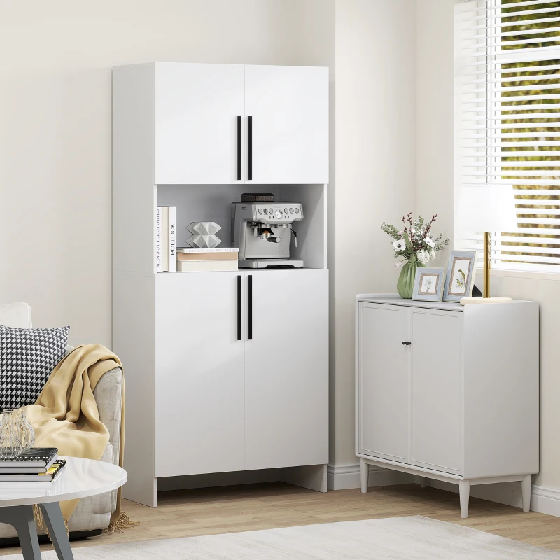 HOMCOM Keukenkast, voorraadkast voor keuken, woonkamer, eetkamer, kasten, planken, magnetronplateau, spaanplaat, wit(m-8)