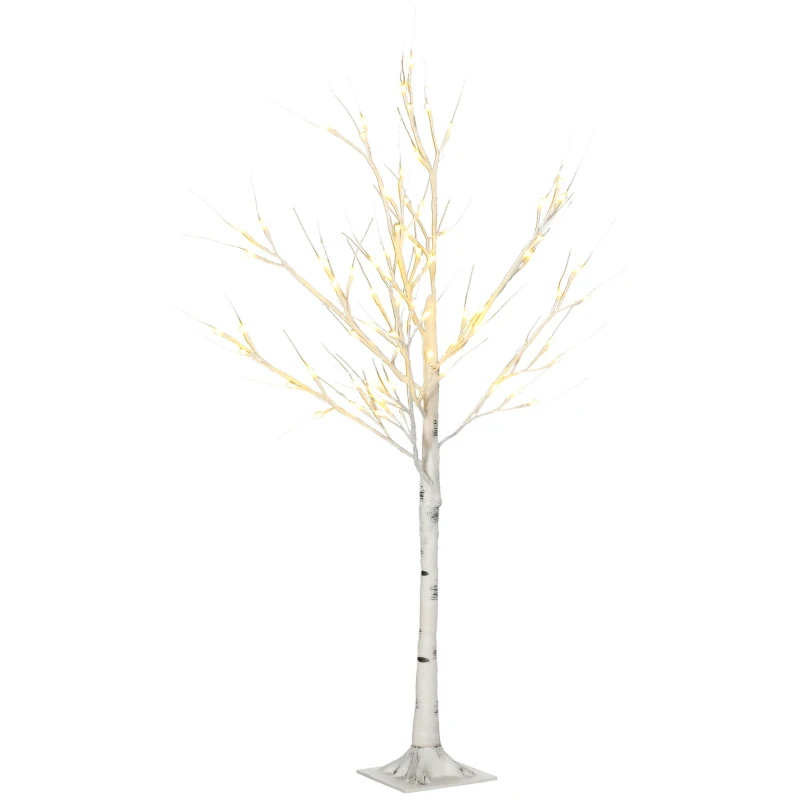 HOMCOM Kunstboom, Kunstberk met LED-Verlichting, Warmwit, Realistische, Witte Bast, 17L x 17B x 120H cm(m-10)