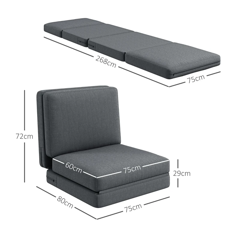HOMCOM Opvouwbare vloerstoel met kussens, omvormbaar tot gestoffeerde bank, voor woonkamer, gastenkamer, kantoor, 75 x 268 x 18 cm, Donkergrijs