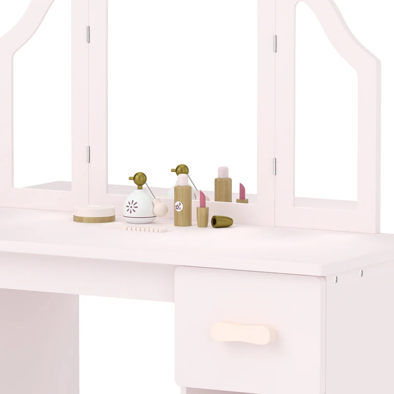 AIYAPLAY Kids Dressing Table, Kids Vanity Table and Chair Set with Tri-Folding Mirror, 2 Drawers, 2 Cabinets for Girls 3+, Pink