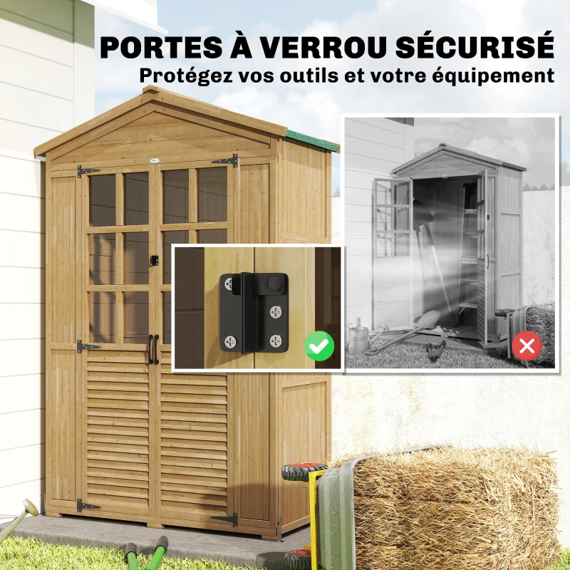 Outsunny Abri de jardin Armoire de jardin pour outils avec Étagères et Fenêtres en Acrylique, 128 x 57,5 x 197 cm marron clair