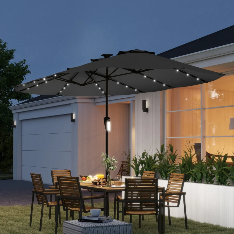 Outsunny Sombrilla Doble de Jardín 4x2 m con 36 Luces LED UPF50+ Manivela 12 Varillas  Resistente al Agua Gris Oscuro