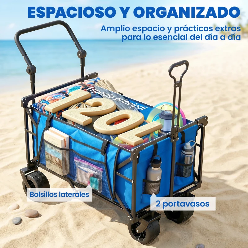 Outsunny Carro de Jardín Plegable con Ruedas Grandes Bloqueables Barra Ajustable Portavasos para Campaña 125x59x133 cm Azul