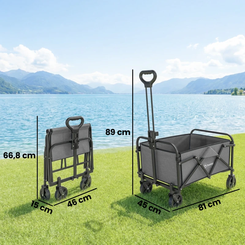 Outsunny Chariot de Jardin Charrette de Transport Pliable Tout-Terrain 66L Charge 68kg Poignée Réglable 81 x 45 x 89 cm Gris