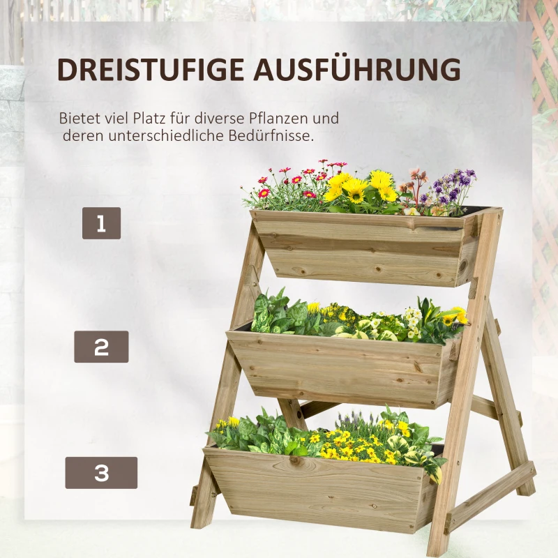 Outsunny Verhoogd Bed Houten Bloemenladder met 3 Planken Plantstappen Naturel