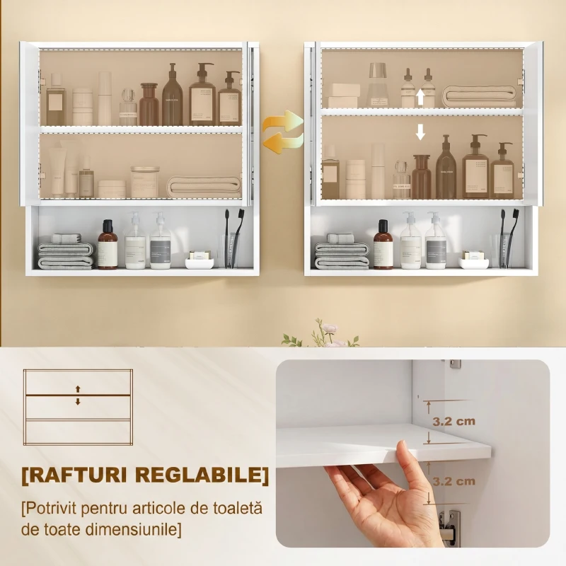HOMCOM Dulap de Baie Suspendat, Uși Soft-close, Raft Reglabil, 60 x 16 x 60 cm, Alb