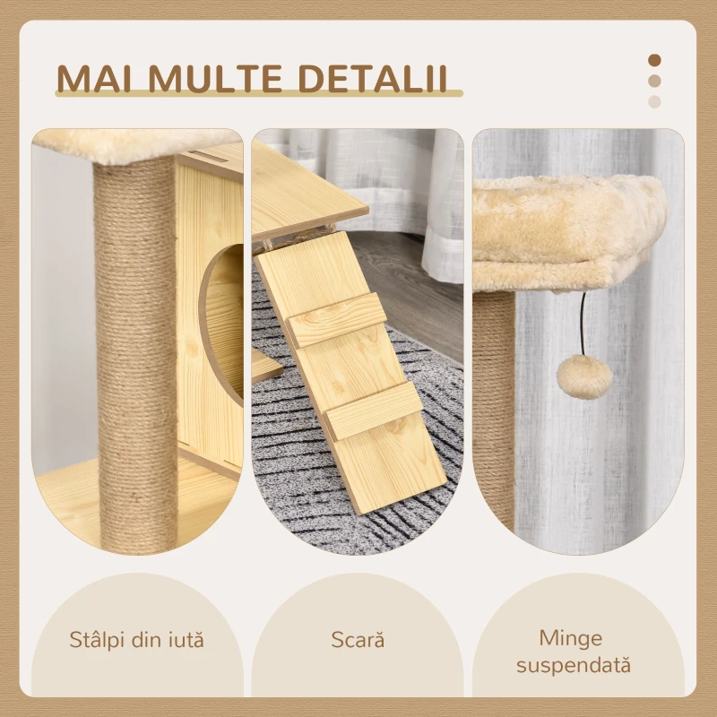 PawHut Arbore pentru Pisici cu Căsuță, 2 Paturi, Hamac și Minge, din Lemn, Poliester și Sisal, 60x40x130 cm