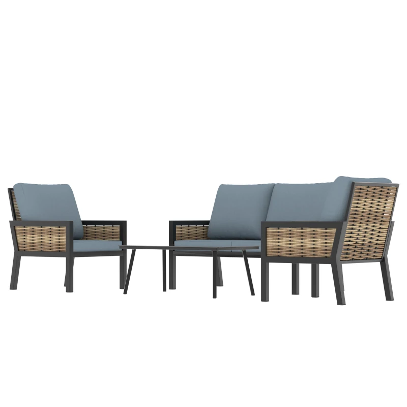 Outsunny 4 Seater Rattan Garden Furniture Set with 2 Armchairs, Loveseat, Coffee Table, Garden Sofa Set with Cushions, Grey