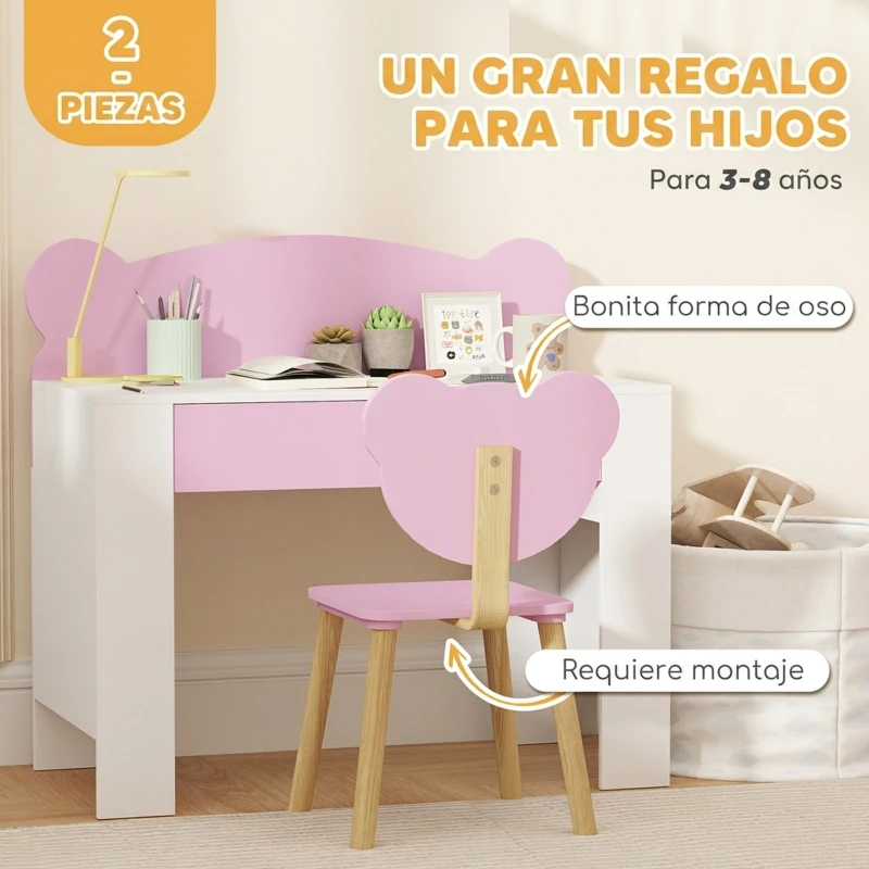 AIYAPLAY Escritorio Infantil con Silla en Forma de Osito con Cajón para Leer y Estudiar Mesa 80x41x74,5 cm y Silla 32,5x38x59 cm
