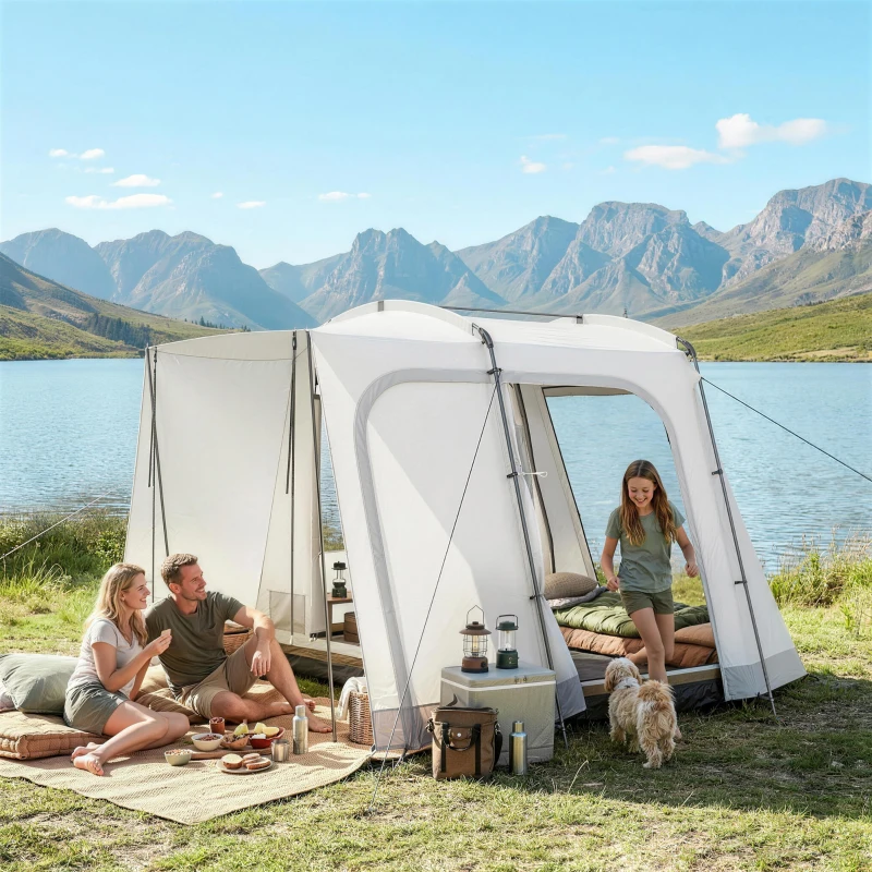 Outsunny Tente arrière de voiture Tente d'auvent de Voiture pour 2 à 4 per. 320 x 280 x 205 cm avec 4 portes, fenêtre, gris