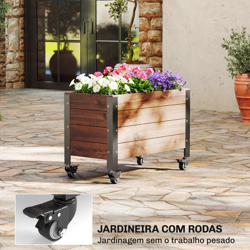 Outsunny Floreira de Madeira com Rodas Orifício de Drenagem e Forro Não Tecido 60x30x41 cm Castanho Escuro