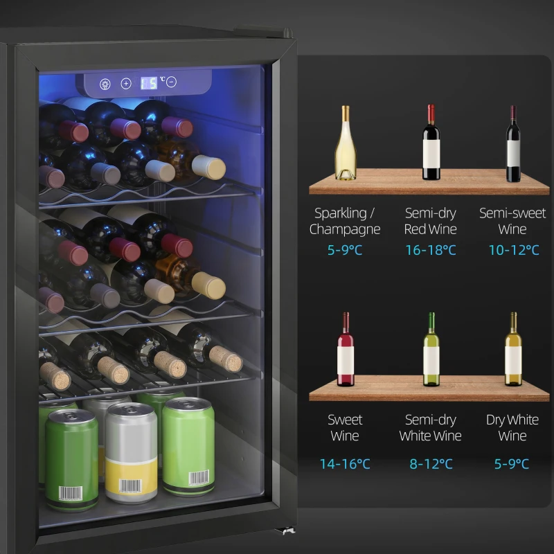 HOMCOM 24 Bottle Wine Cooler, 68 Litre Capacity, 4-16°C Freestanding Drinks Wine Fridge with Glass Door, Black